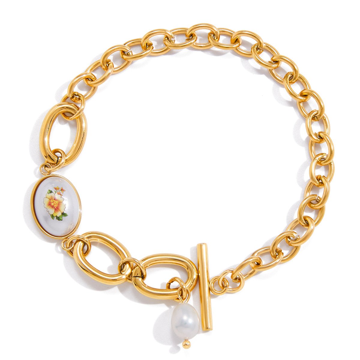 Gelang Gesper OT Mutiara Air Tawar dari Baja Titanium