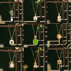 New Chinese Aesthetic Enamel Floral Necklace with Butterfly & Lotus Leaf Motifs, Refined Oriental Elegance