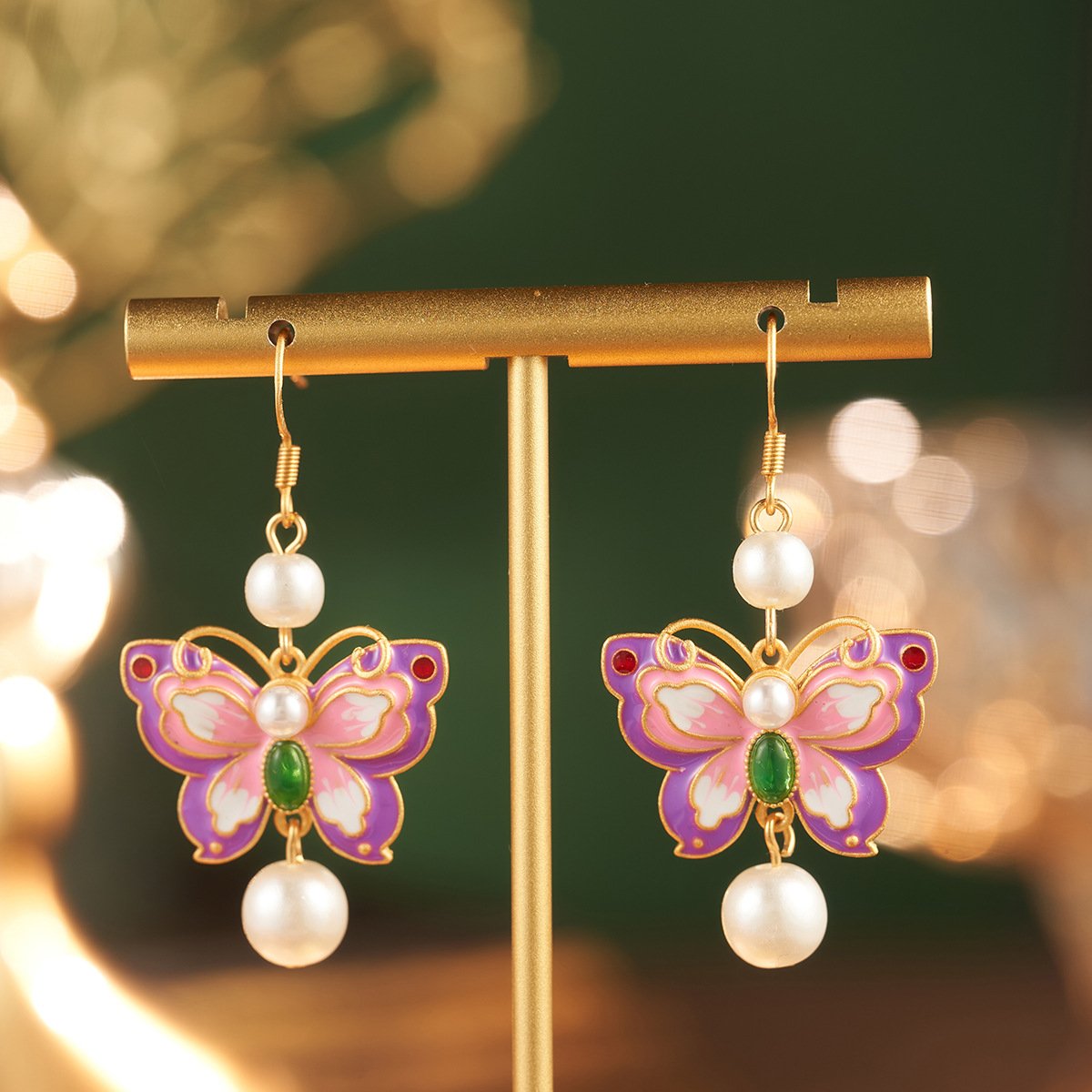New Chinese Style Enamel Pearl Butterfly Long Earrings with 925 Sterling Silver Posts, Timeless Elegance - Image 11