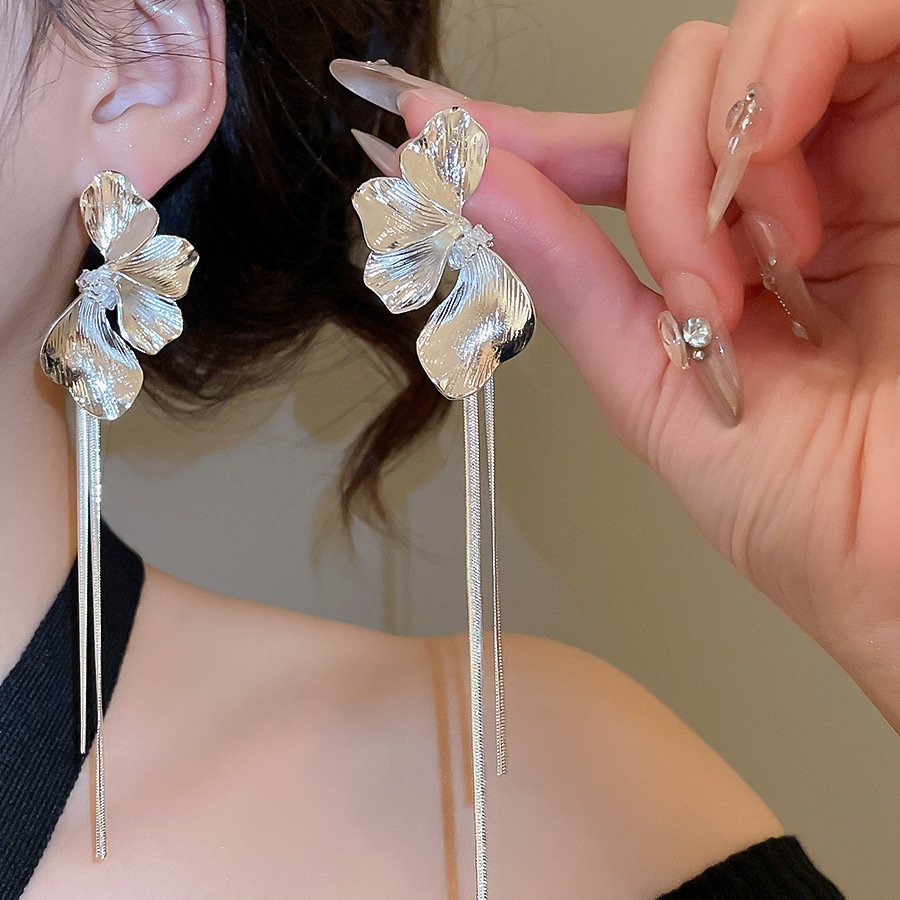 Designer Metal Petal Tassel Stud Earrings with Sterling Silver Posts – Unique Vintage Elegance - Image 5