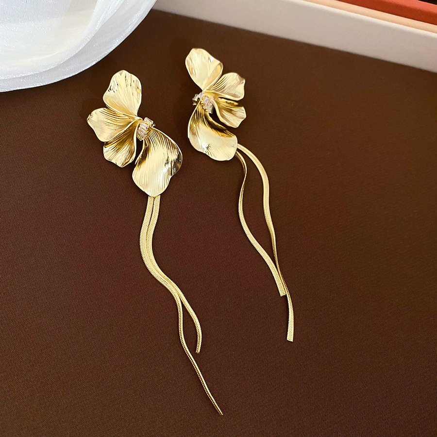 Designer Metal Petal Tassel Stud Earrings with Sterling Silver Posts – Unique Vintage Elegance - Image 6