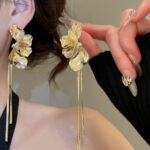Designer Metal Petal Tassel Stud Earrings with Sterling Silver Posts – Unique Vintage Elegance