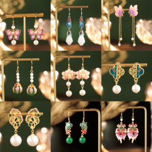 New Chinese Style Enamel Pearl Butterfly Long Earrings with 925 Sterling Silver Posts, Timeless Elegance