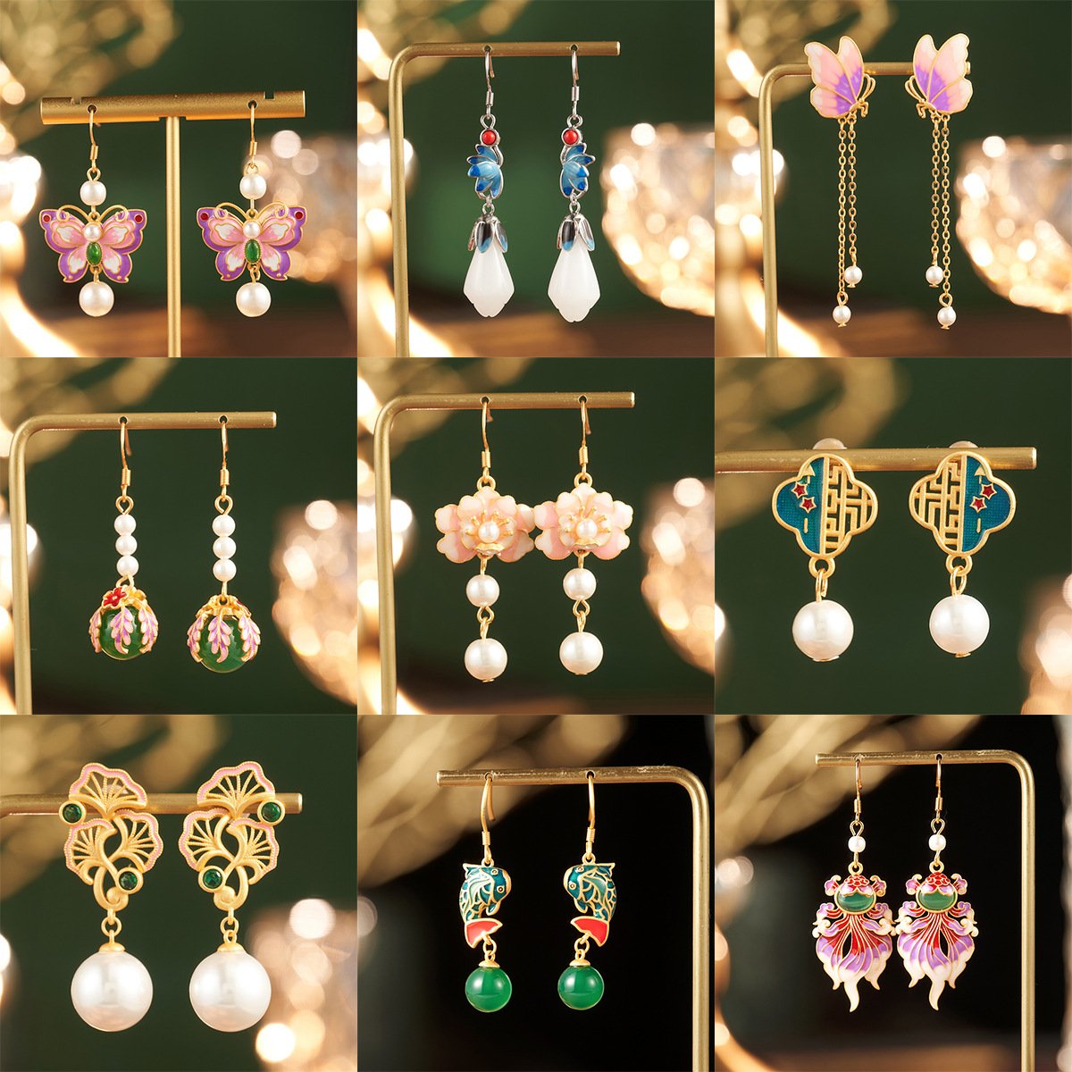 New Chinese Style Enamel Pearl Butterfly Long Earrings with 925 Sterling Silver Posts, Timeless Elegance